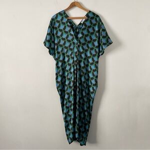 Zara Blue Green Geometric Pattern Satin Mod Short Sleeve Dolman Sleeve Dress